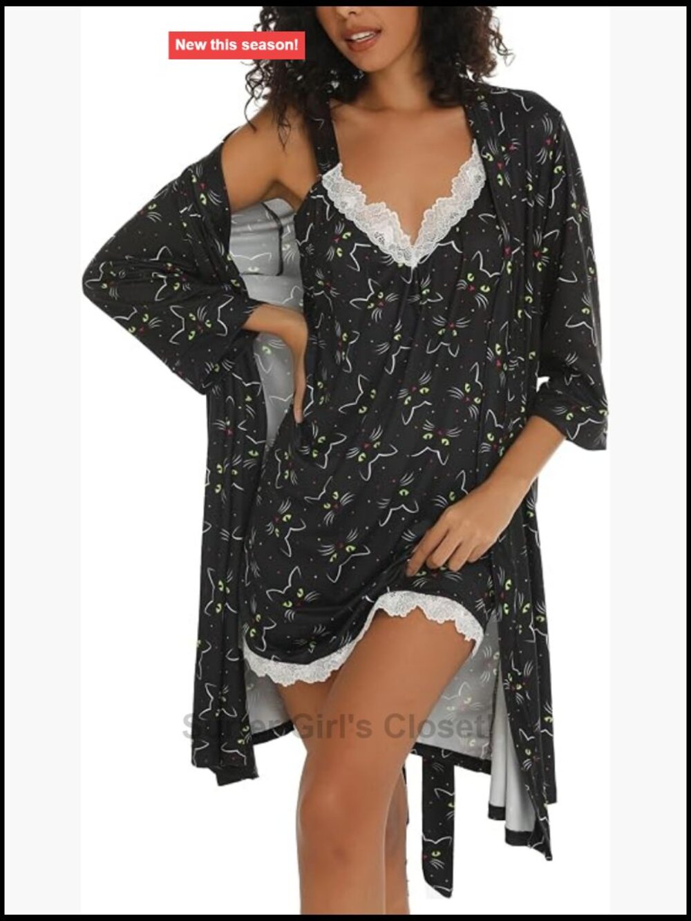 2 Piece Sleepwear Set: Lace Camisole Nightgown with Robe, V-Neck, Wide Straps,